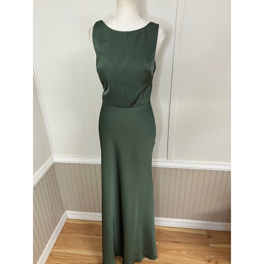 AW Bridal Green Satin Maxi Dress Cowl Back Sleeveless Formal Gown Green Size 6